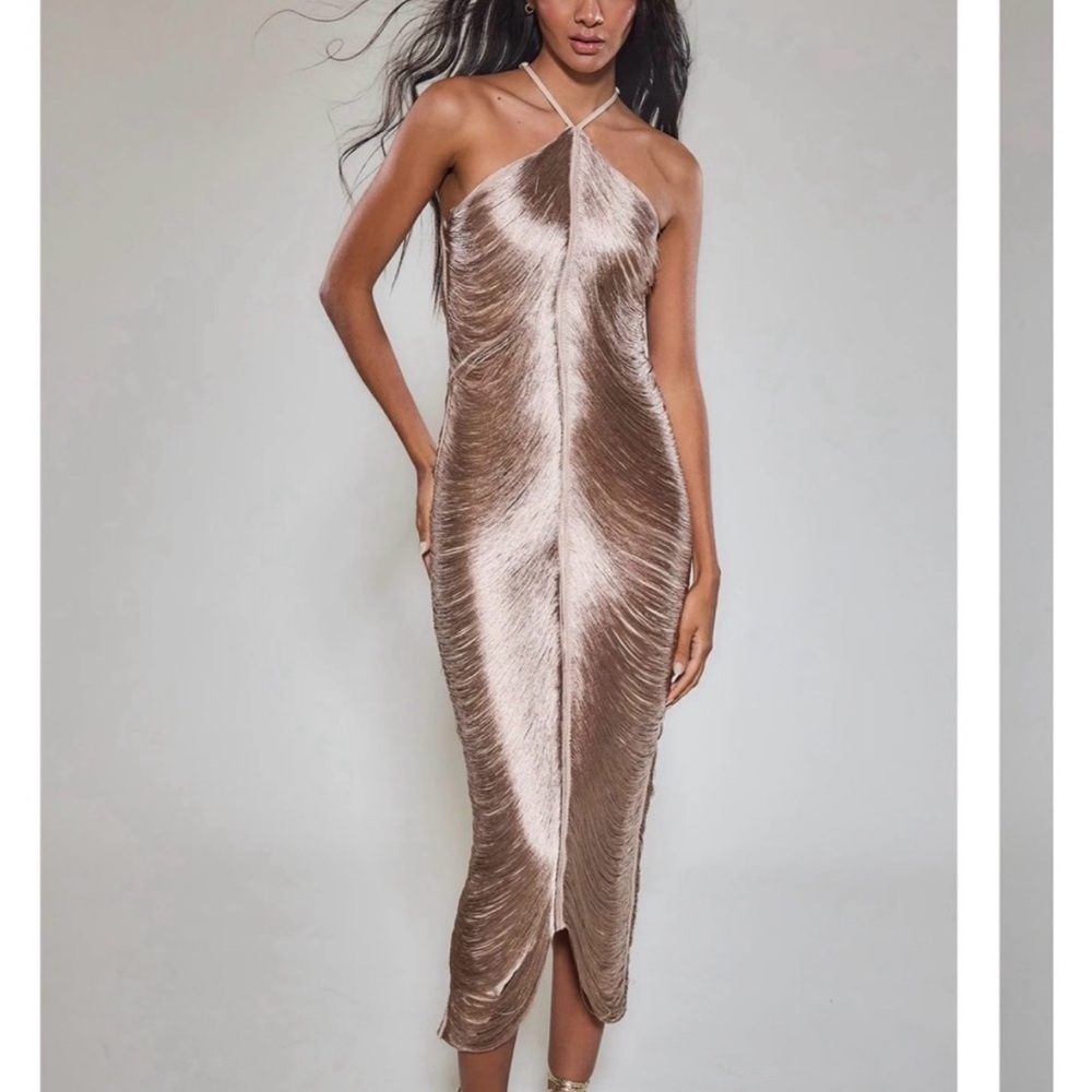 Rare London Gold Fringe Detail Halterneck Maxi Dress